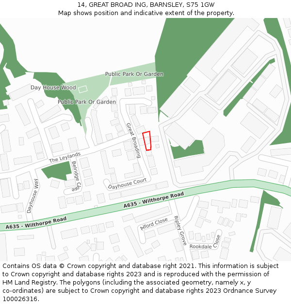14, GREAT BROAD ING, BARNSLEY, S75 1GW: Location map and indicative extent of plot