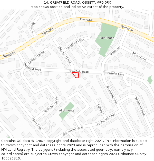 14, GREATFIELD ROAD, OSSETT, WF5 0RX: Location map and indicative extent of plot