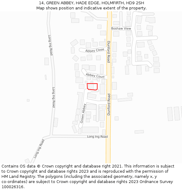 14, GREEN ABBEY, HADE EDGE, HOLMFIRTH, HD9 2SH: Location map and indicative extent of plot