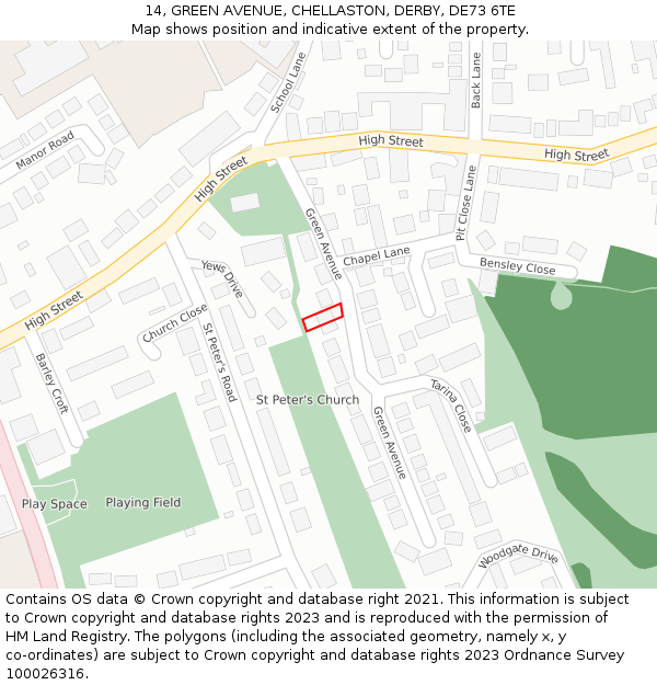 14, GREEN AVENUE, CHELLASTON, DERBY, DE73 6TE: Location map and indicative extent of plot
