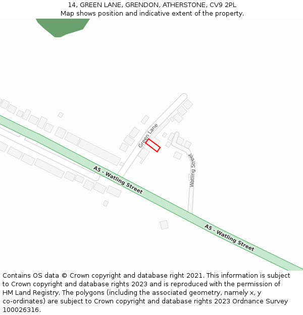 14, GREEN LANE, GRENDON, ATHERSTONE, CV9 2PL: Location map and indicative extent of plot