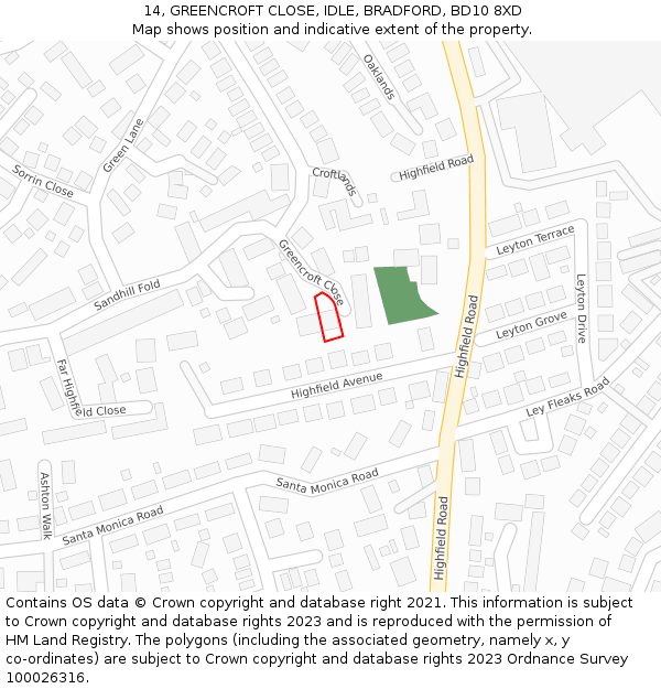 14, GREENCROFT CLOSE, IDLE, BRADFORD, BD10 8XD: Location map and indicative extent of plot