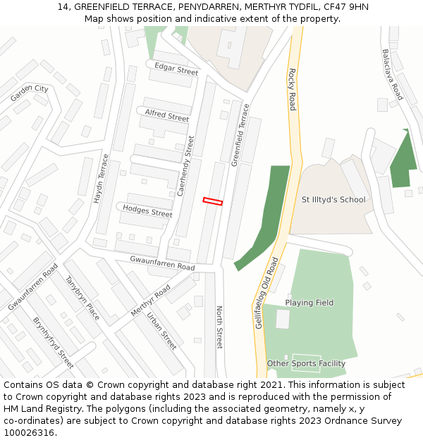 14, GREENFIELD TERRACE, PENYDARREN, MERTHYR TYDFIL, CF47 9HN: Location map and indicative extent of plot