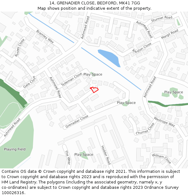 14, GRENADIER CLOSE, BEDFORD, MK41 7GG: Location map and indicative extent of plot