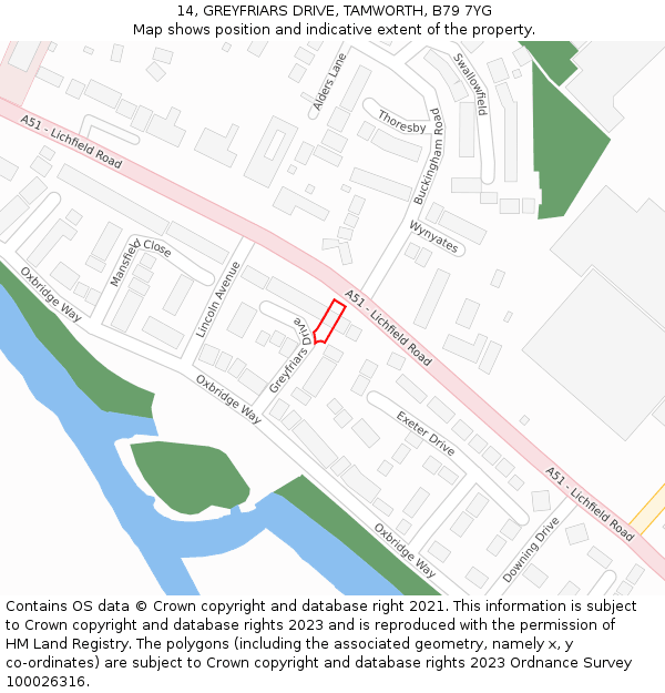 14, GREYFRIARS DRIVE, TAMWORTH, B79 7YG: Location map and indicative extent of plot
