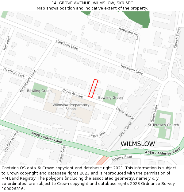 14, GROVE AVENUE, WILMSLOW, SK9 5EG: Location map and indicative extent of plot