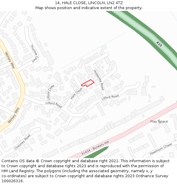 14, HALE CLOSE, LINCOLN, LN2 4TZ: Location map and indicative extent of plot
