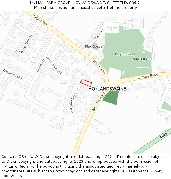 14, HALL FARM GROVE, HOYLANDSWAINE, SHEFFIELD, S36 7LJ: Location map and indicative extent of plot