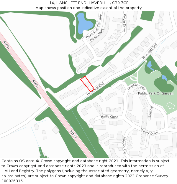 14, HANCHETT END, HAVERHILL, CB9 7GE: Location map and indicative extent of plot