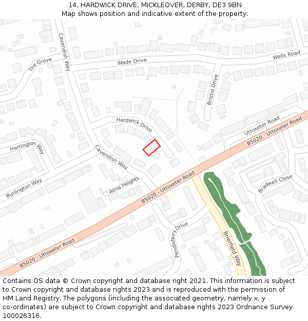 14, HARDWICK DRIVE, MICKLEOVER, DERBY, DE3 9BN: Location map and indicative extent of plot
