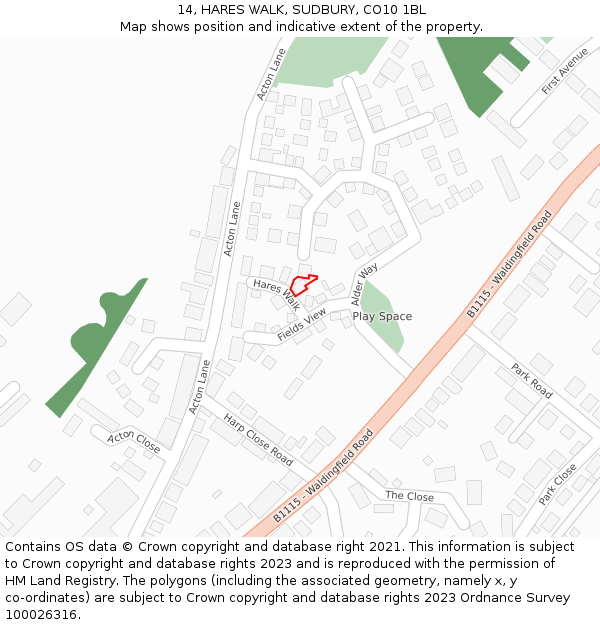 14, HARES WALK, SUDBURY, CO10 1BL: Location map and indicative extent of plot