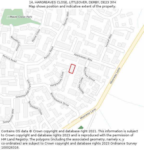14, HARGREAVES CLOSE, LITTLEOVER, DERBY, DE23 3YH: Location map and indicative extent of plot
