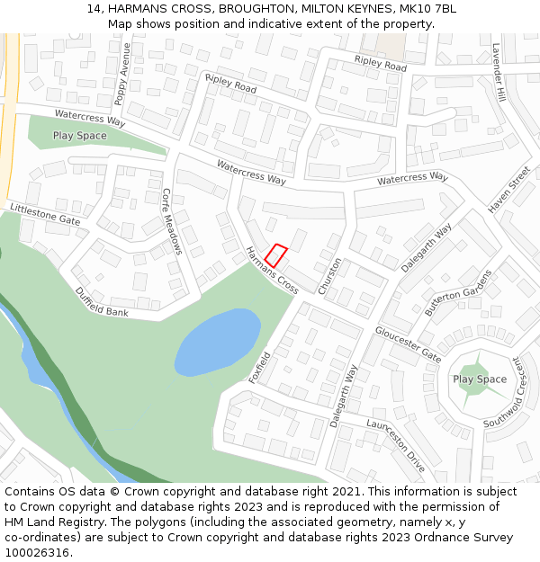 14, HARMANS CROSS, BROUGHTON, MILTON KEYNES, MK10 7BL: Location map and indicative extent of plot