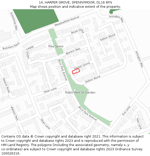 14, HARPER GROVE, SPENNYMOOR, DL16 6FN: Location map and indicative extent of plot