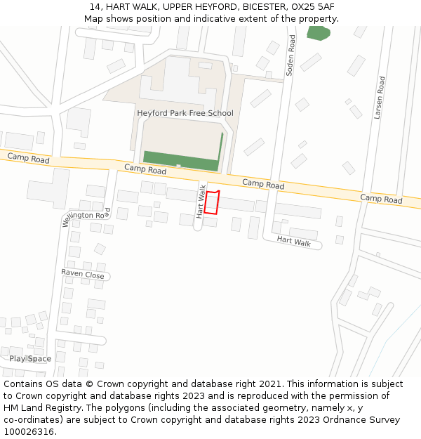 14, HART WALK, UPPER HEYFORD, BICESTER, OX25 5AF: Location map and indicative extent of plot