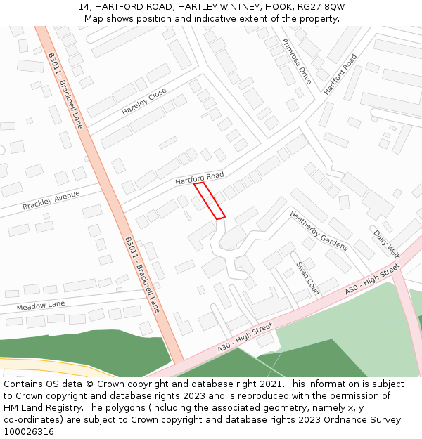 14, HARTFORD ROAD, HARTLEY WINTNEY, HOOK, RG27 8QW: Location map and indicative extent of plot