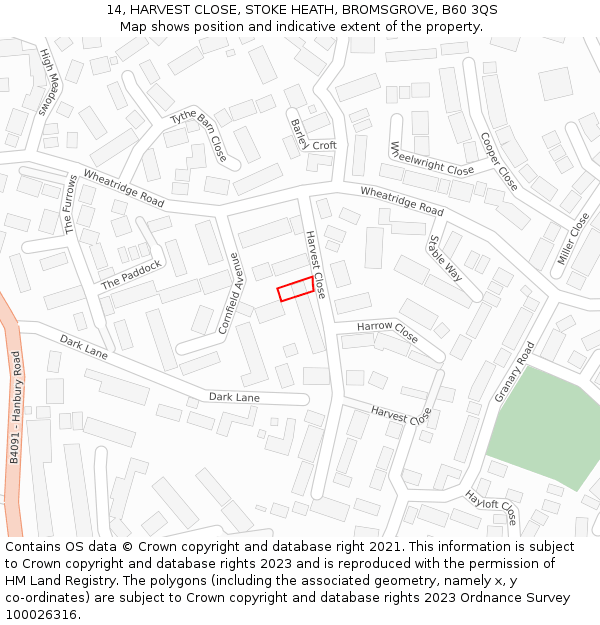 14, HARVEST CLOSE, STOKE HEATH, BROMSGROVE, B60 3QS: Location map and indicative extent of plot