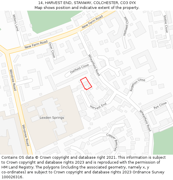 14, HARVEST END, STANWAY, COLCHESTER, CO3 0YX: Location map and indicative extent of plot