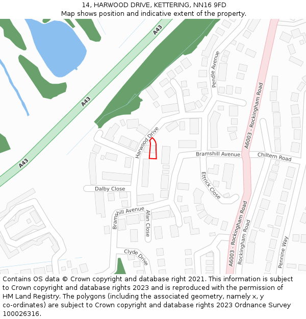14, HARWOOD DRIVE, KETTERING, NN16 9FD: Location map and indicative extent of plot