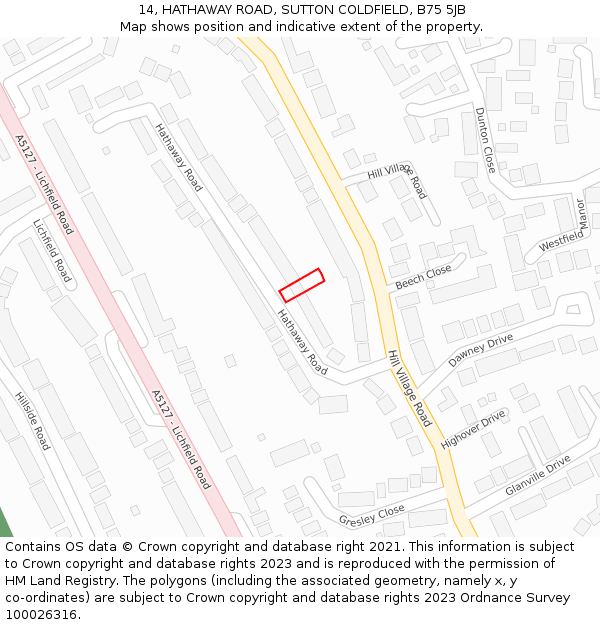 14, HATHAWAY ROAD, SUTTON COLDFIELD, B75 5JB: Location map and indicative extent of plot