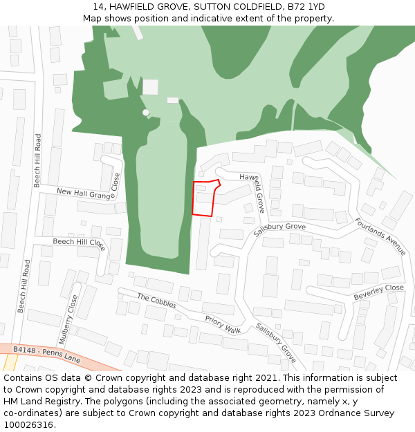 14, HAWFIELD GROVE, SUTTON COLDFIELD, B72 1YD: Location map and indicative extent of plot