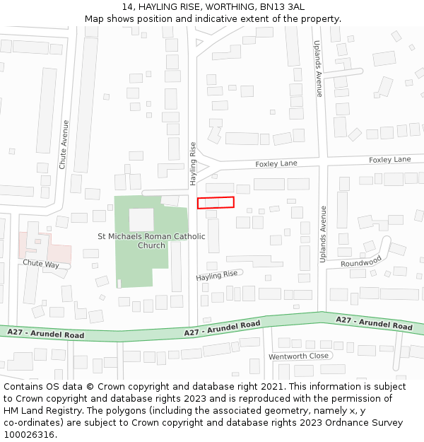 14, HAYLING RISE, WORTHING, BN13 3AL: Location map and indicative extent of plot
