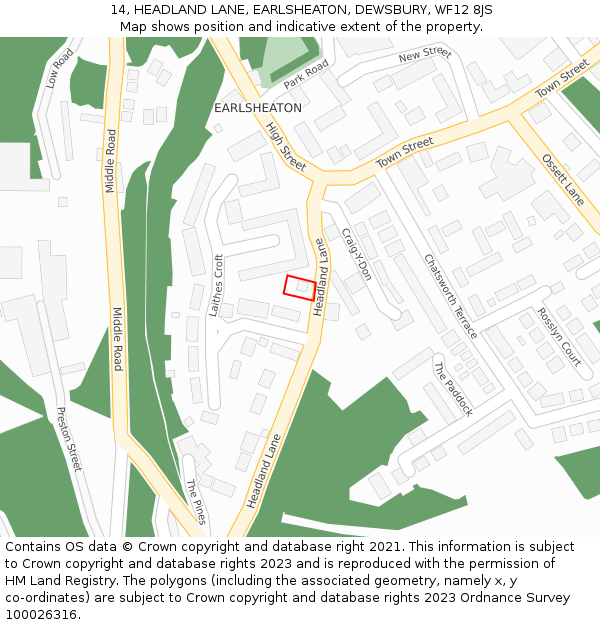 14, HEADLAND LANE, EARLSHEATON, DEWSBURY, WF12 8JS: Location map and indicative extent of plot