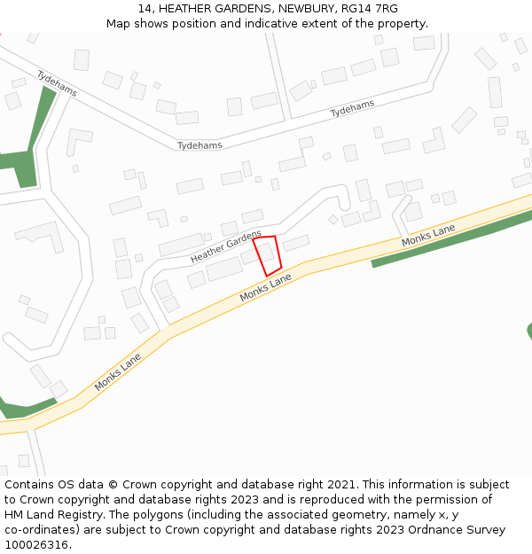 14, HEATHER GARDENS, NEWBURY, RG14 7RG: Location map and indicative extent of plot
