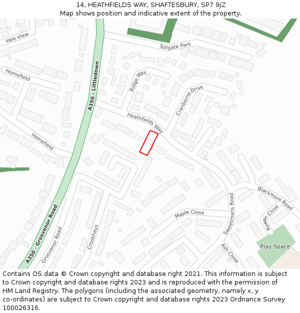 14, HEATHFIELDS WAY, SHAFTESBURY, SP7 9JZ: Location map and indicative extent of plot