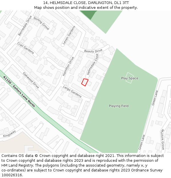 14, HELMSDALE CLOSE, DARLINGTON, DL1 3TT: Location map and indicative extent of plot