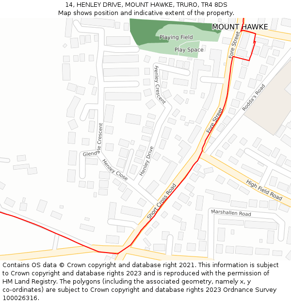 14, HENLEY DRIVE, MOUNT HAWKE, TRURO, TR4 8DS: Location map and indicative extent of plot