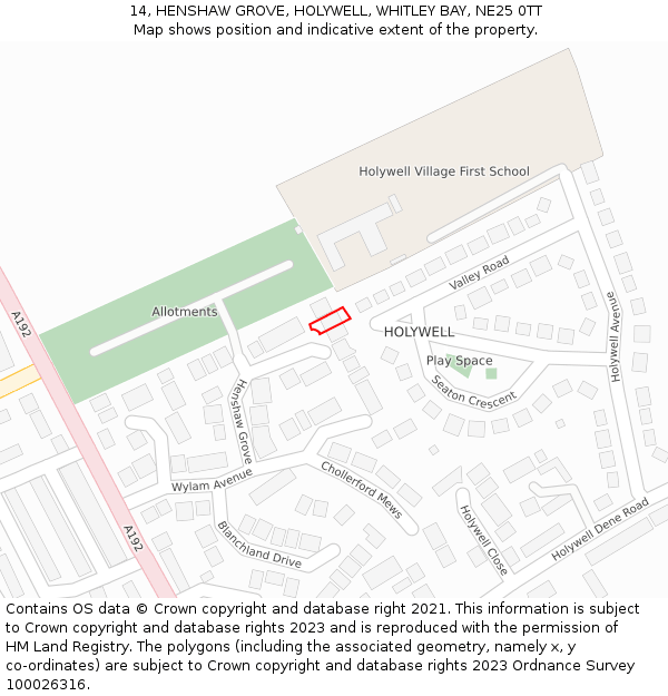 14, HENSHAW GROVE, HOLYWELL, WHITLEY BAY, NE25 0TT: Location map and indicative extent of plot