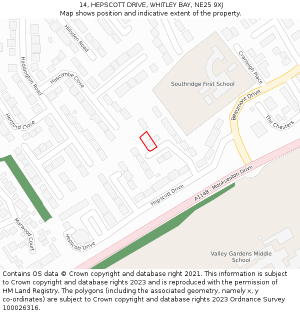 14, HEPSCOTT DRIVE, WHITLEY BAY, NE25 9XJ: Location map and indicative extent of plot