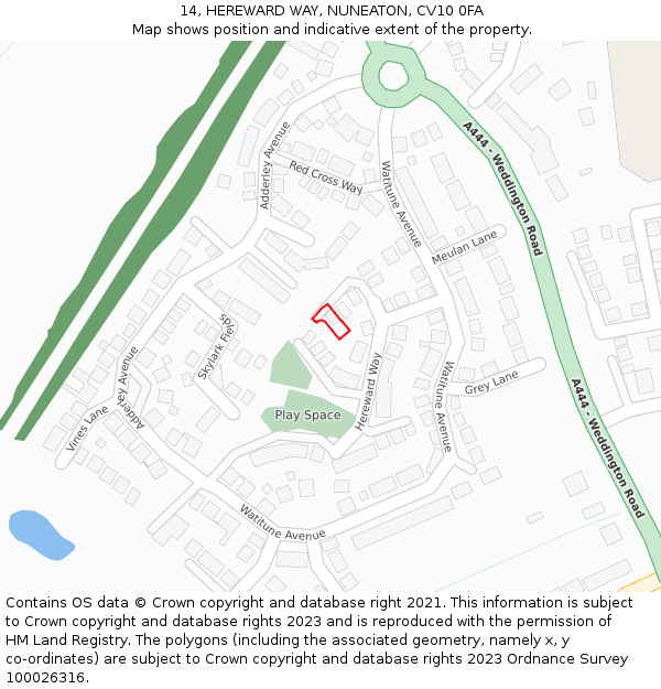 14, HEREWARD WAY, NUNEATON, CV10 0FA: Location map and indicative extent of plot