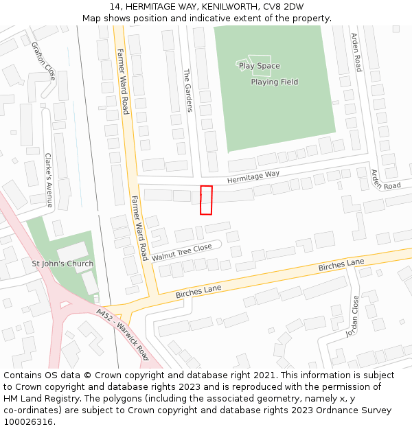 14, HERMITAGE WAY, KENILWORTH, CV8 2DW: Location map and indicative extent of plot