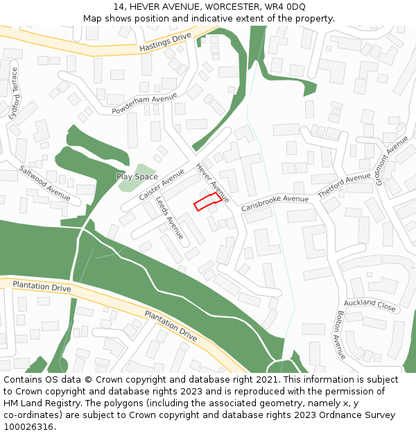 14, HEVER AVENUE, WORCESTER, WR4 0DQ: Location map and indicative extent of plot