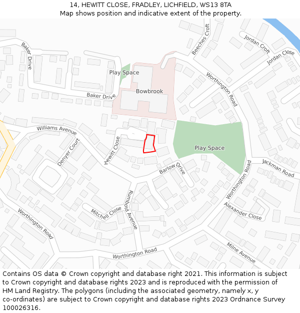 14, HEWITT CLOSE, FRADLEY, LICHFIELD, WS13 8TA: Location map and indicative extent of plot