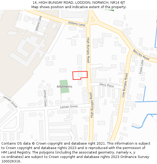 14, HIGH BUNGAY ROAD, LODDON, NORWICH, NR14 6JT: Location map and indicative extent of plot