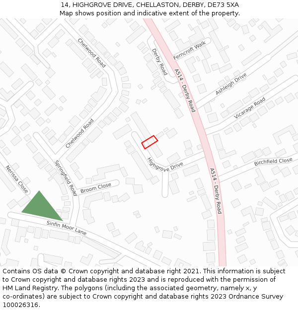 14, HIGHGROVE DRIVE, CHELLASTON, DERBY, DE73 5XA: Location map and indicative extent of plot