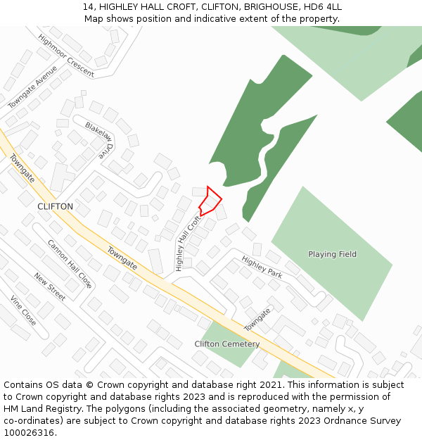 14, HIGHLEY HALL CROFT, CLIFTON, BRIGHOUSE, HD6 4LL: Location map and indicative extent of plot