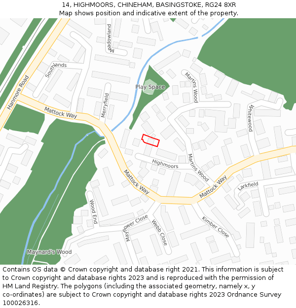 14, HIGHMOORS, CHINEHAM, BASINGSTOKE, RG24 8XR: Location map and indicative extent of plot