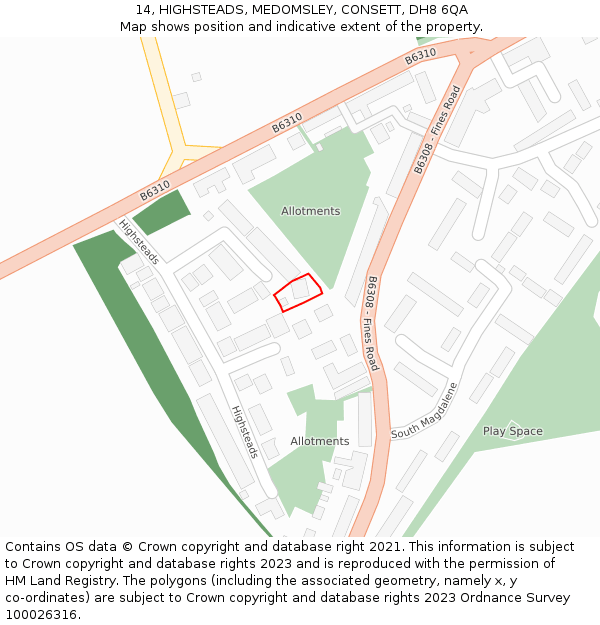 14, HIGHSTEADS, MEDOMSLEY, CONSETT, DH8 6QA: Location map and indicative extent of plot