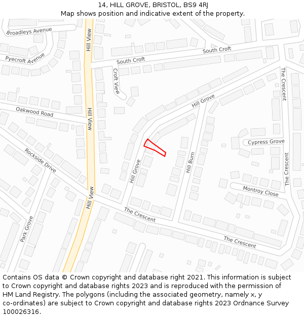 14, HILL GROVE, BRISTOL, BS9 4RJ: Location map and indicative extent of plot
