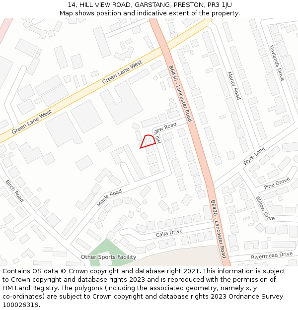 14, HILL VIEW ROAD, GARSTANG, PRESTON, PR3 1JU: Location map and indicative extent of plot