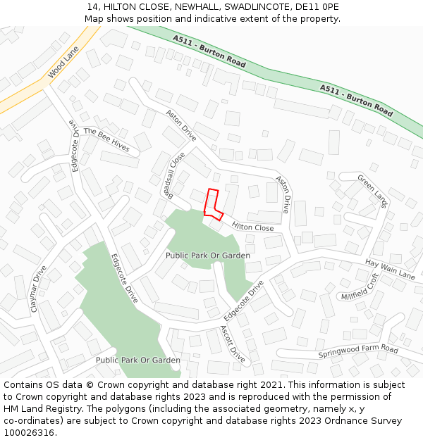 14, HILTON CLOSE, NEWHALL, SWADLINCOTE, DE11 0PE: Location map and indicative extent of plot