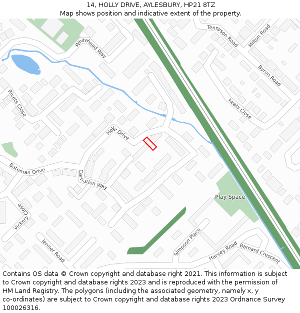 14, HOLLY DRIVE, AYLESBURY, HP21 8TZ: Location map and indicative extent of plot