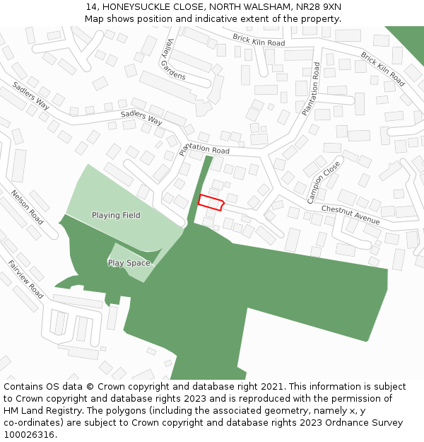 14, HONEYSUCKLE CLOSE, NORTH WALSHAM, NR28 9XN: Location map and indicative extent of plot