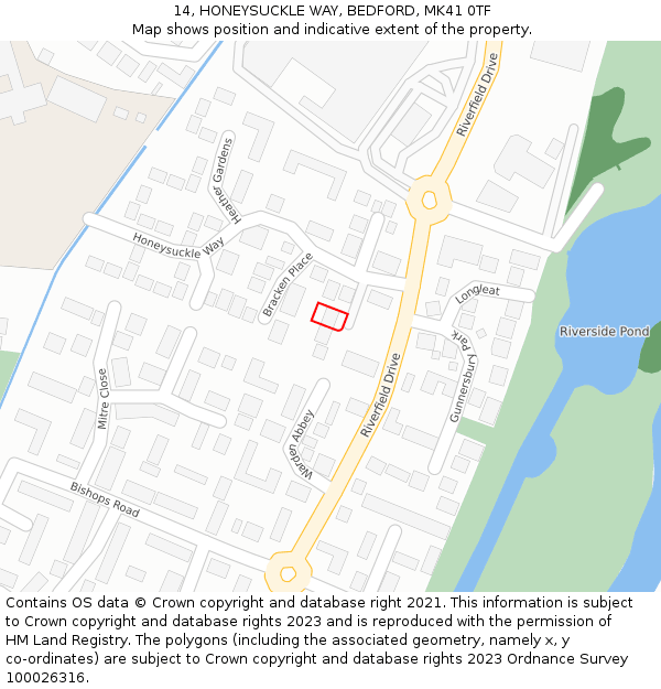 14, HONEYSUCKLE WAY, BEDFORD, MK41 0TF: Location map and indicative extent of plot