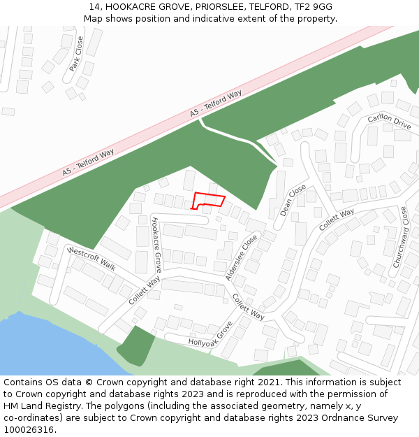 14, HOOKACRE GROVE, PRIORSLEE, TELFORD, TF2 9GG: Location map and indicative extent of plot