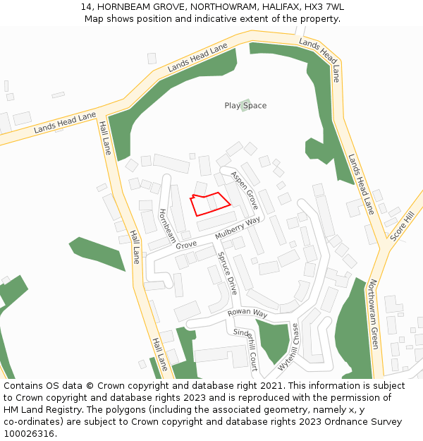 14, HORNBEAM GROVE, NORTHOWRAM, HALIFAX, HX3 7WL: Location map and indicative extent of plot